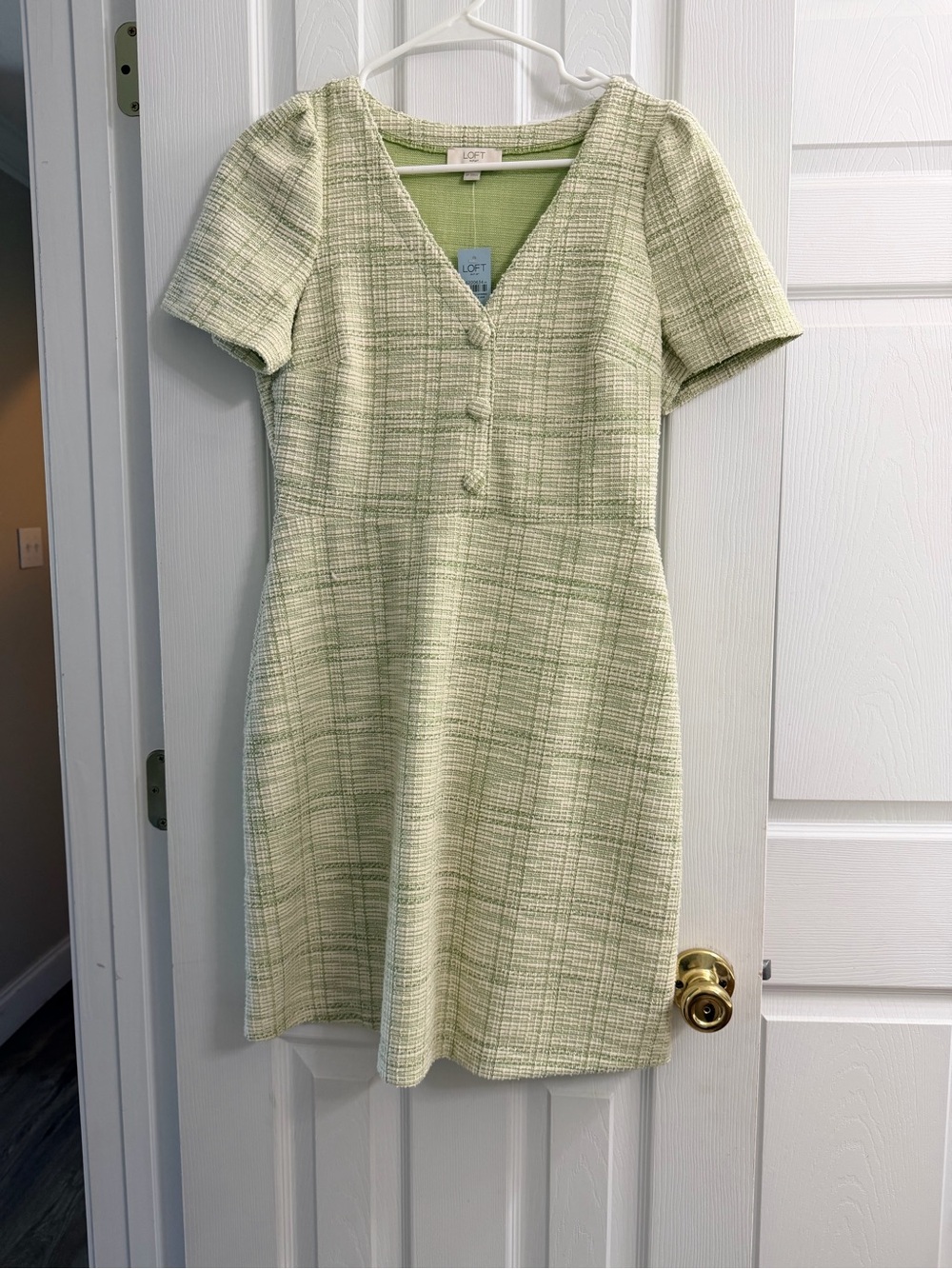 LOFT Pale Green Tweed V-Neck Short Sleeve Dress